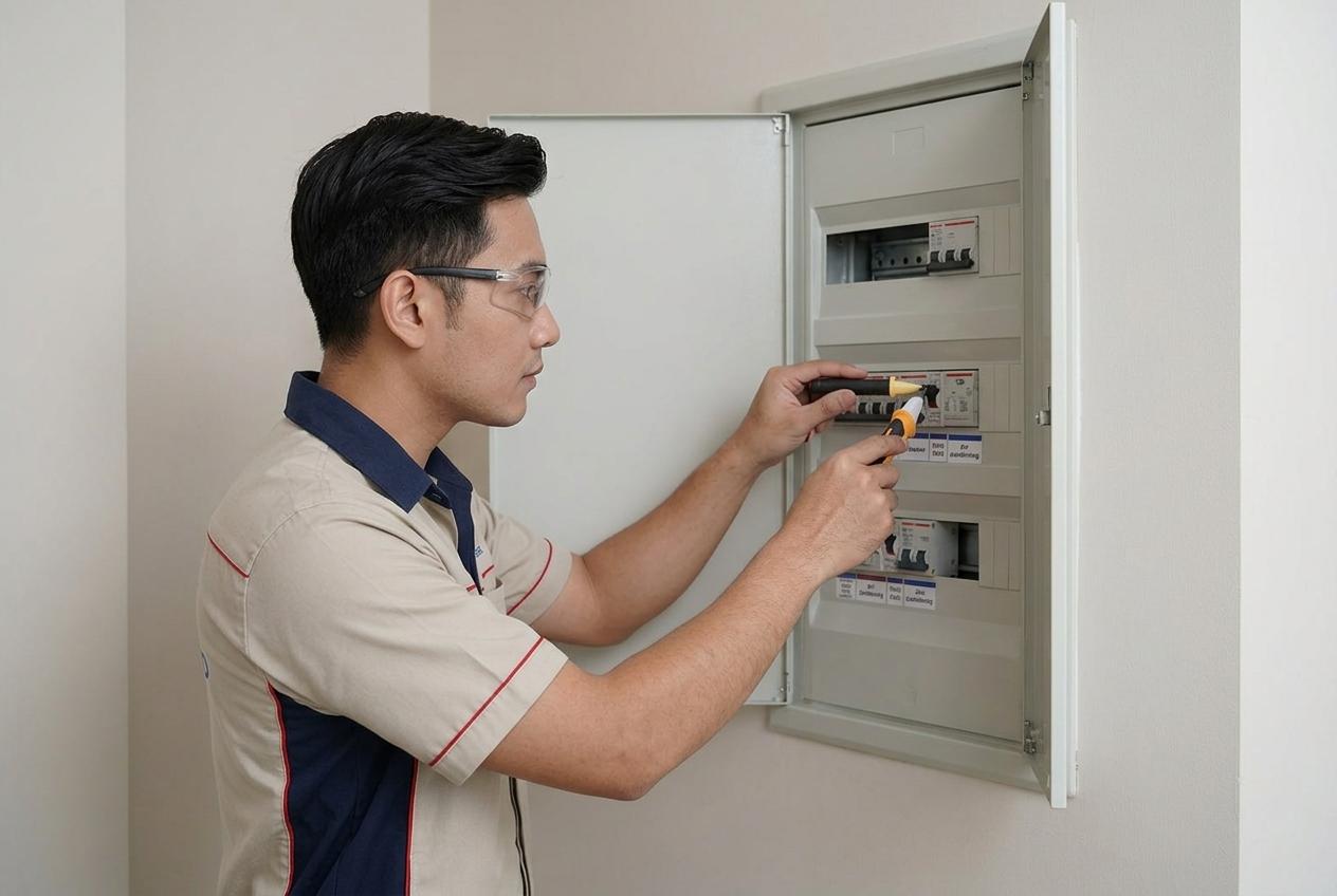 Technician checking electrical circuit breaker board